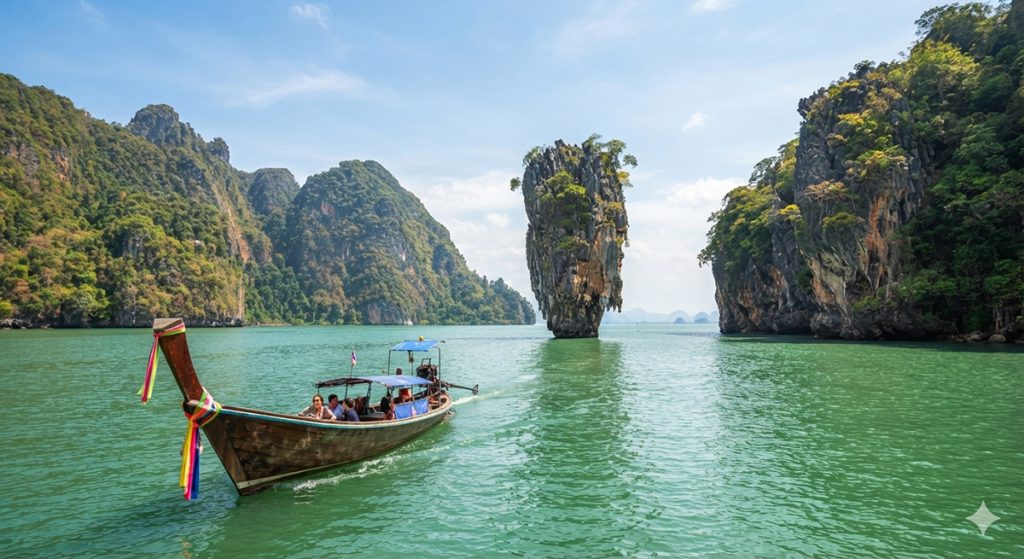 Phang Nga Bay & James Bond Island Tour: Private Shore Excursion from Phuket Port 6 Traditional long tail boat sailing near James Bond Island and limestone karsts in phang nga bay tour.