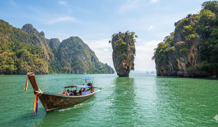 Traditional long tail boat sailing near James Bond Island and limestone karsts in phang nga bay tour.