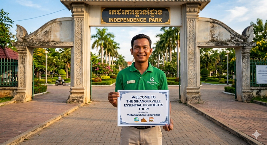 Seamless pick-up guaranteed! Our professional tour guide will be waiting right at Independence Park with a personalized welcome sign to start your Sihanoukville Essential Highlights Tour smoothly. Tour guide holding a welcome sign at Independence Park for the Sihanoukville Essential Highlights Tour.