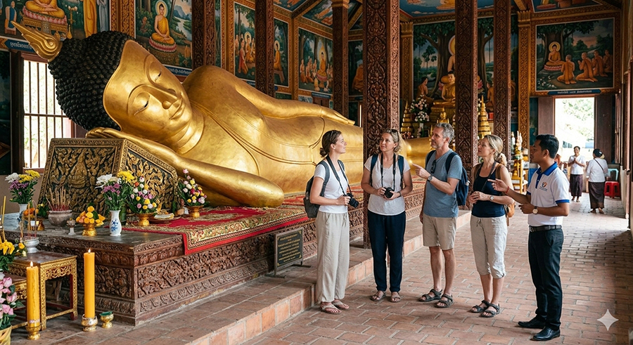 A moment of calm and culture at Wat Krom Pagoda on our Sihanoukville Essential Highlights Tour. Visitors admiring the reclining Buddha at Wat Krom Pagoda during the Sihanoukville Essential Highlights Tour.