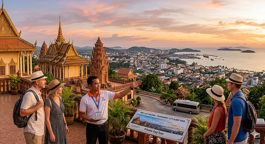 Soaking in the coastal views from Wat Leu Pagoda during our Sihanoukville Essential Highlights Tour. What a view! Panoramic view of the town from Wat Leu Pagoda on a private Sihanoukville essential highlights tour.