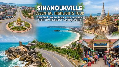Sihanoukville Essential Highlights Tour: Private Shore Excursion to Local Cultural Landmarks & Beaches 1 Sihanoukville Essential Highlights Tour collage featuring Otres Beach and Wat Leu Temple.
