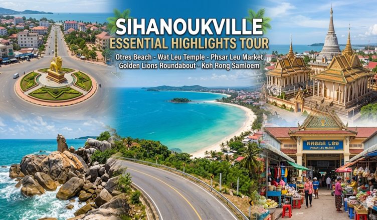 Sihanoukville Essential Highlights Tour: Private Shore Excursion to Local Cultural Landmarks & Beaches 1 Sihanoukville Essential Highlights Tour collage featuring Otres Beach and Wat Leu Temple.