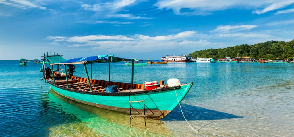 Scenic coastal landscape of Sihanoukville, Cambodia, featuring pristine beaches and turquoise waters for cruise passengers.