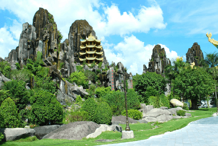 Marble Mountain, Da Nang: Discover ancient temples and breathtaking panoramic vistas. Marble Mountain caves and temples near Da Nang, explored during a Vietnam and Cambodia tour.