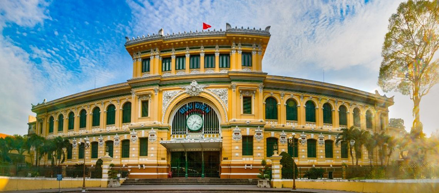 Step back in time at the stunning Central Post Office, a masterpiece of French colonial architecture in Saigon (Ho Chi Minh City), Vietnam. Interior of the Central Post Office in Saigon (Ho Chi Minh City), Vietnam, showcasing its grand architecture and high arched ceilings.