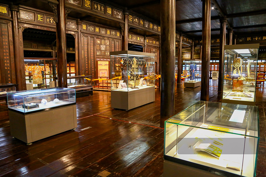A unique collection of artifacts at the fascinating Hue Antique Museum. The interior of the Hue Antique Museum, showing a collection of ancient pottery.