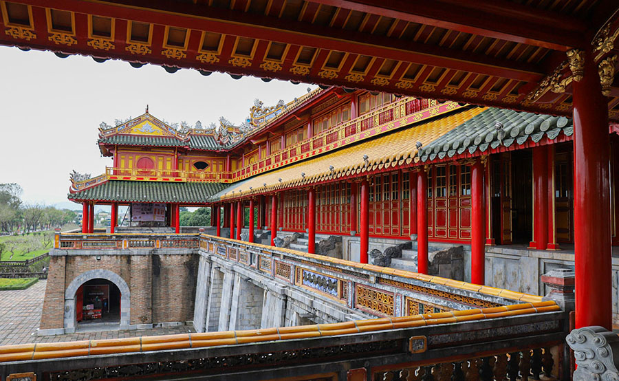 The Five Phoenix Pavilion: a stunning architectural masterpiece of the Hue Citadel. The impressive Five Phoenix Pavilion with its multi-tiered roof.