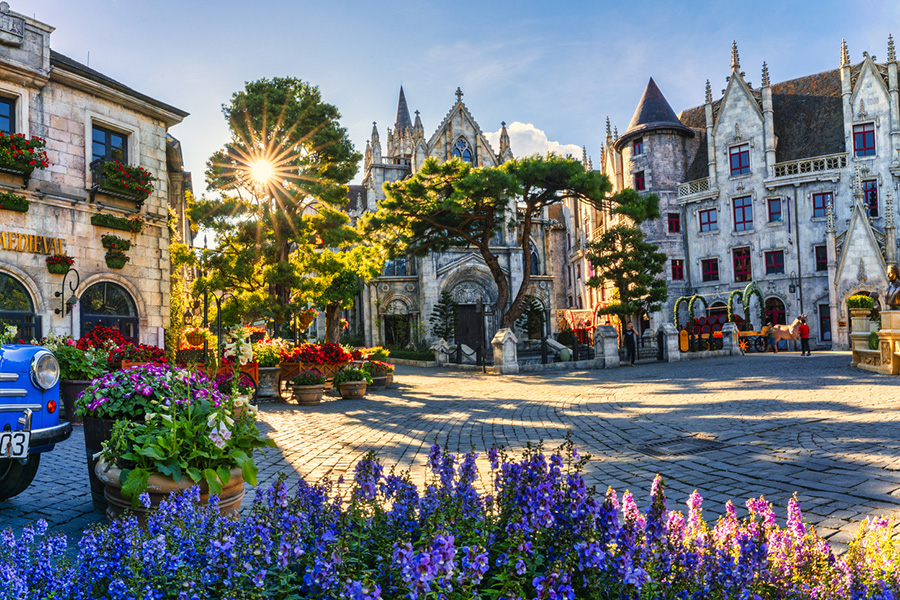 It feels like we’re in Europe! Exploring the charming French Village. European-style architecture in the French Village at Ba Na Hills, Vietnam.